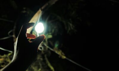 Hand holding radiant light orb in darkness surreal fine art print
